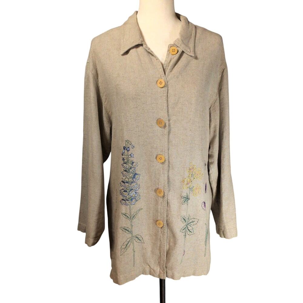 VTG Jessica Howard Floral Embroidered Button Linen Blend Long Jacket Size 8